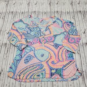 Lilly Pulitzer XL Henley Egret Top Tile Wave